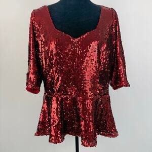 City Chic Sequin Sweetheart Neck Top A Line Red Short Sleeve Plus Size 16 NEW